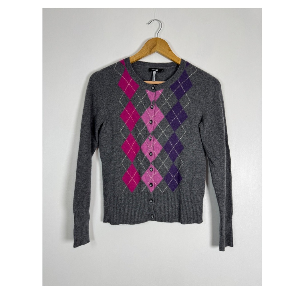 Preppy Apt 9 Womens Small Argyle Cardigan Grey Pink Purple 100% Pure Cashmere